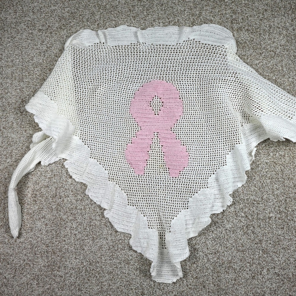 Handmade Crochet Breast Cancer Awareness Ribbon Shawl‎ White Pink Ruffle 85 Inch